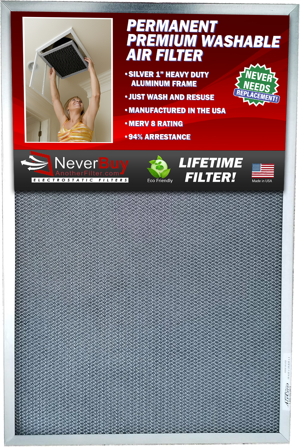 SILVER (1 INCH THICK) - The Economical Washable, Permanent, Electrostatic A/C Furnace Filter
