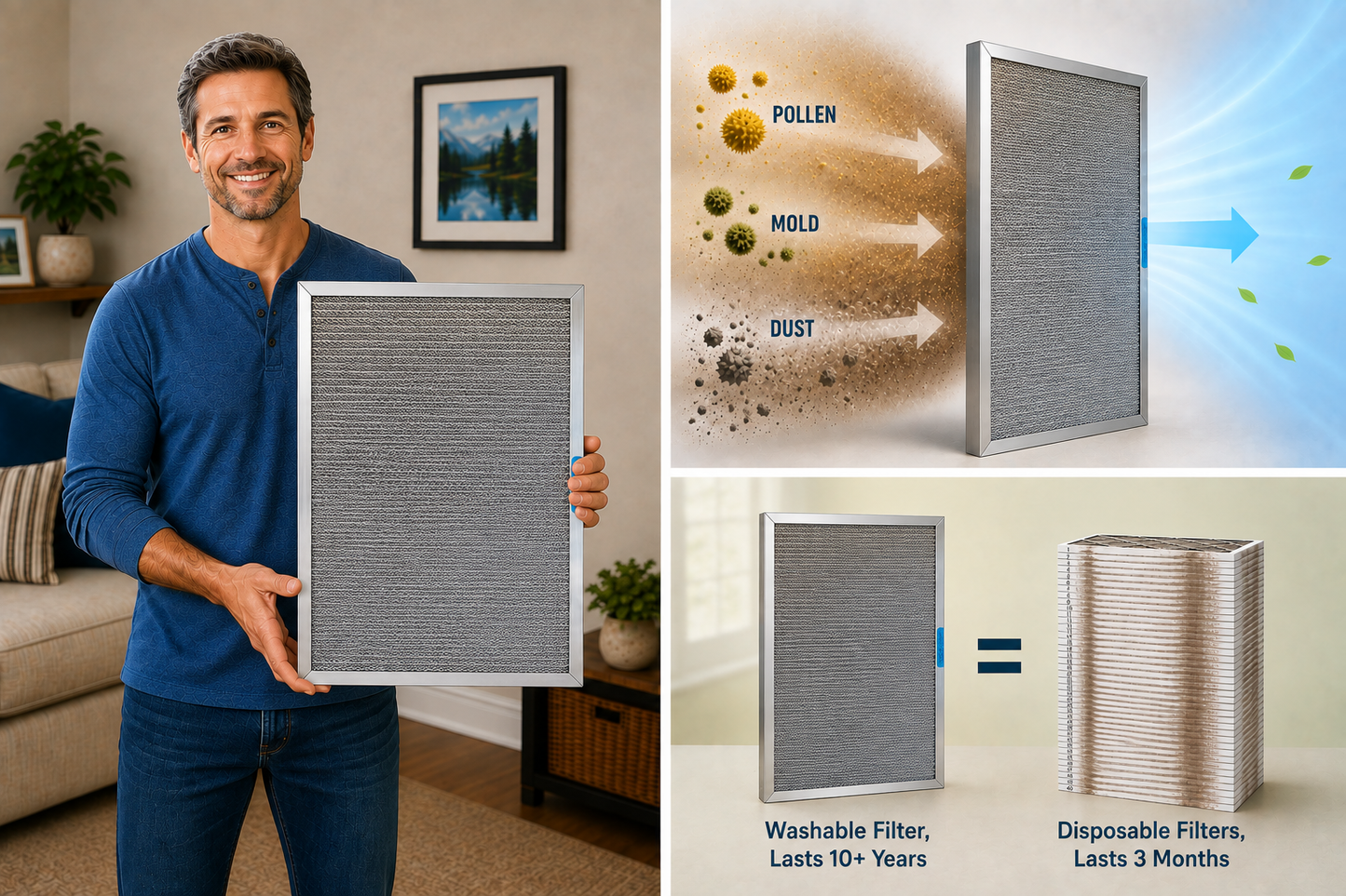 MaxMERV9 (1 INCH THICK) - The High Arrestance Washable, Permanent, Electrostatic A/C Furnace Filter