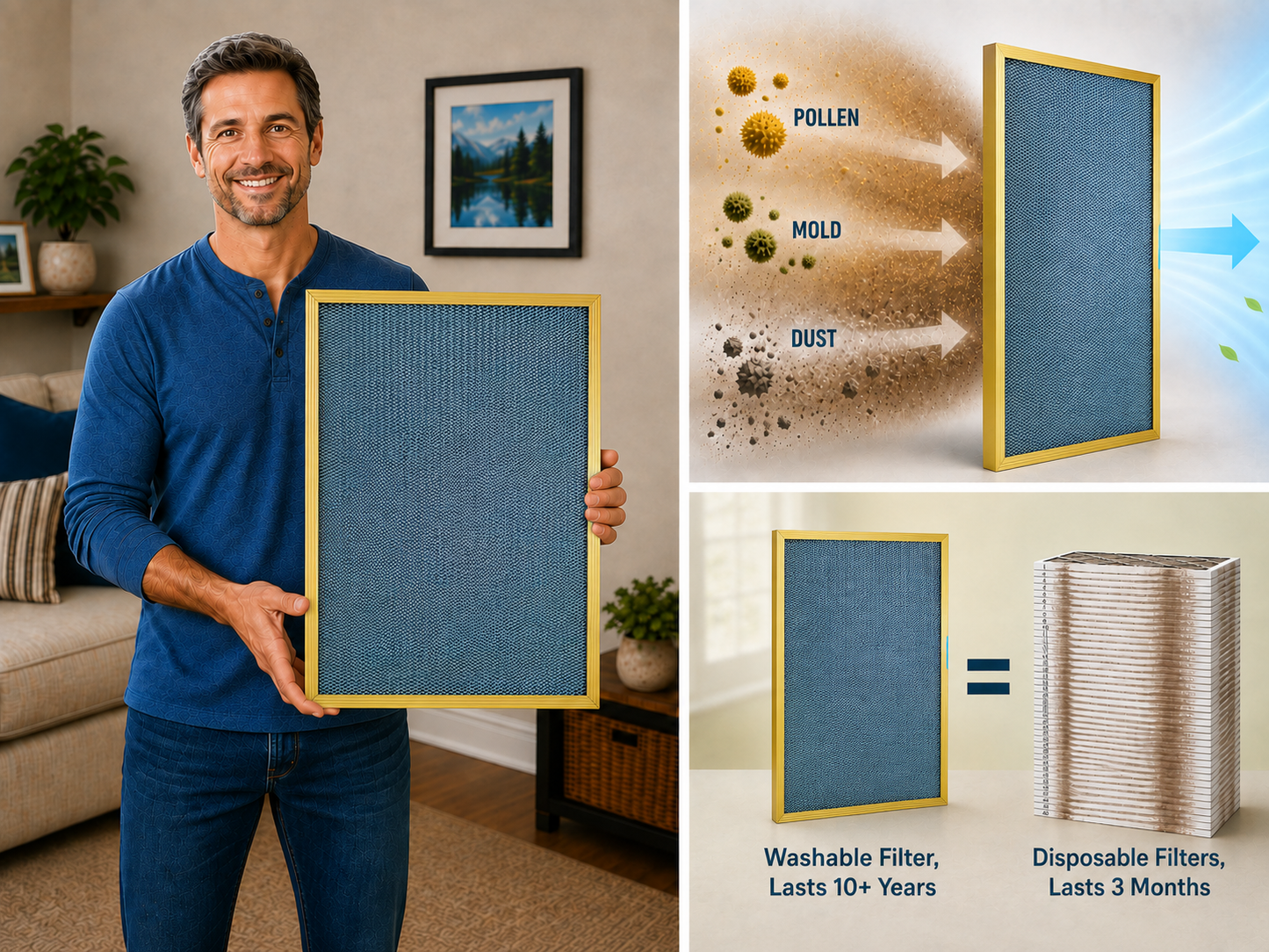 GOLD (1 INCH THICK) - The Deluxe Washable, Permanent, Electrostatic A/C Furnace Filter