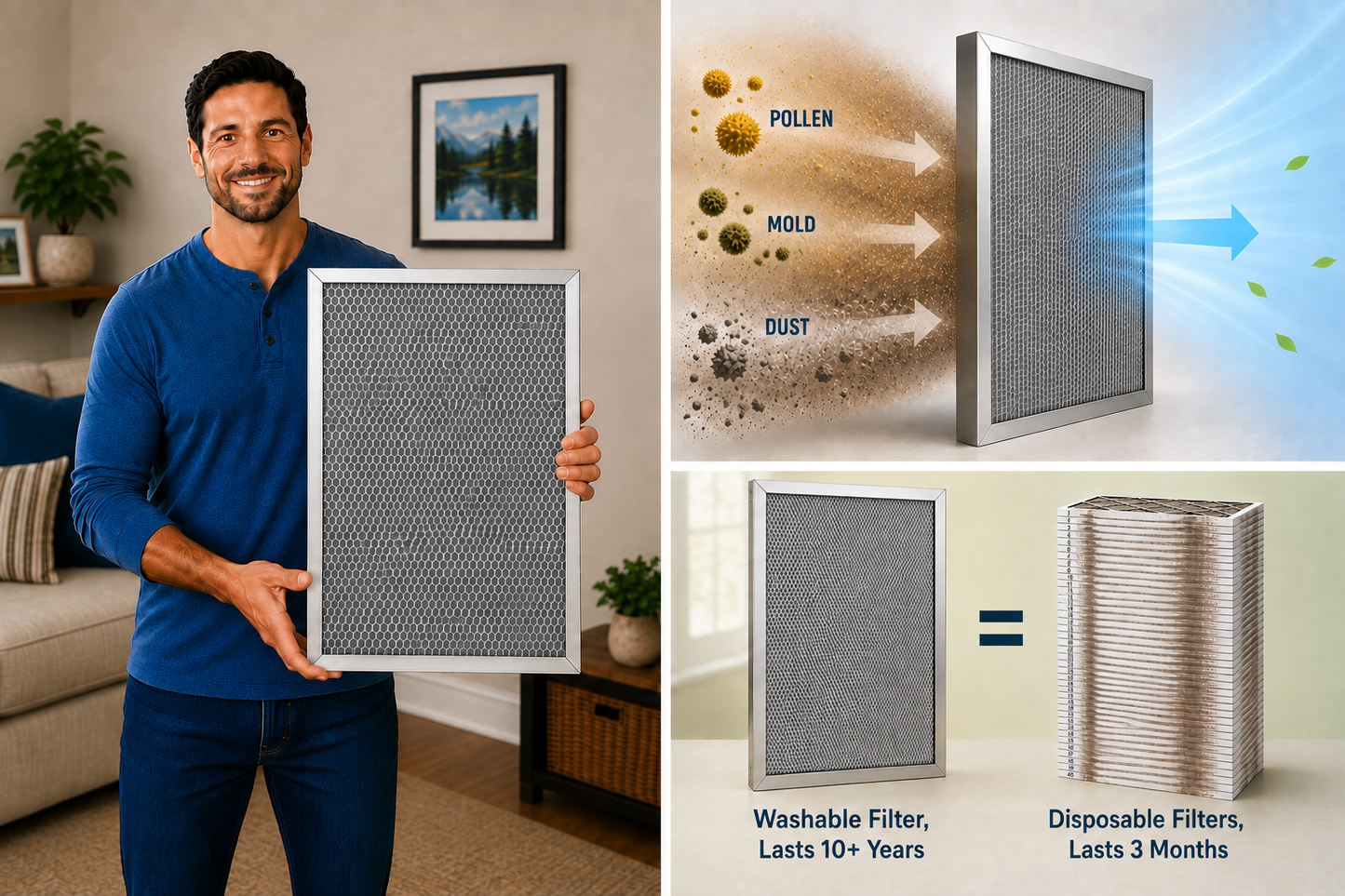 SILVER (1 INCH THICK) Custom Size Washable, Permanent, Electrostatic Air Filters